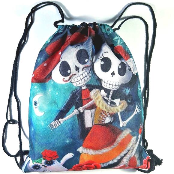 Dia de Los Muertos Sugar Skull Couple Rope Drawstring Canvas Tote Bag - Picture 2 of 5